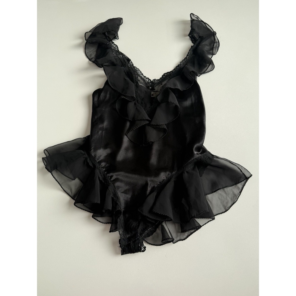 Vintage Romantic Moments By Esteves Black Satin Ruffle Teddy Bodysuit M USA